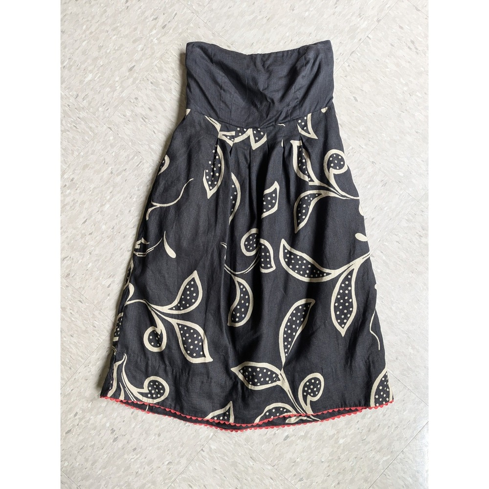 Maeve Anthropologie Linen Tube Top Black Botanical Boho Strapless Summer Size 2
